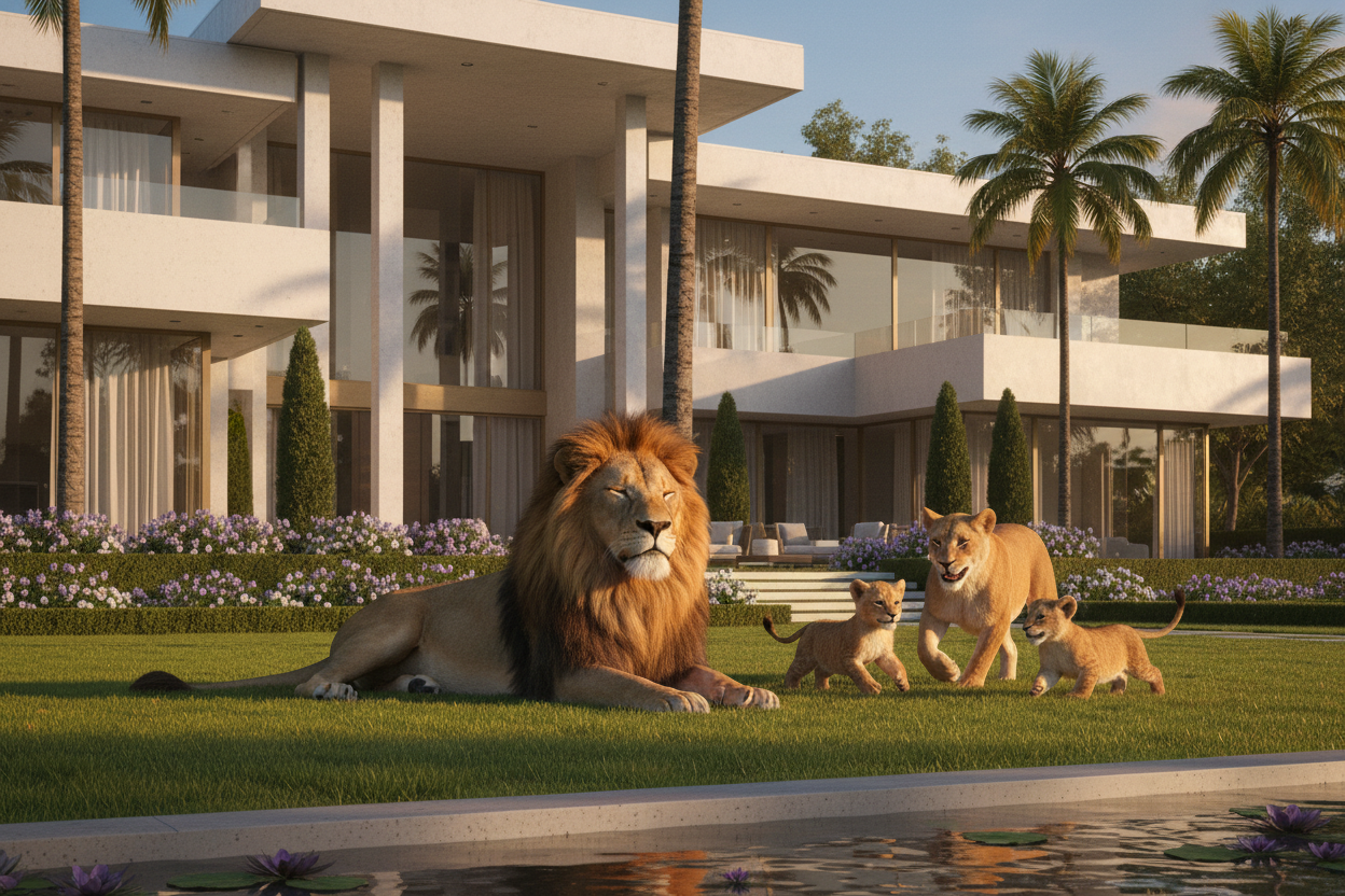 can you create an image with a male lion 2 cub lions and a female lion. the male is laying down in front of a luxury house and the female lion and cubs are running around and playing.