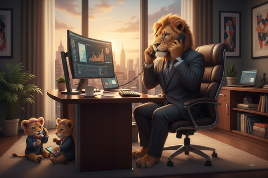 a male lion with two cubs taking phone calls in a office setting 