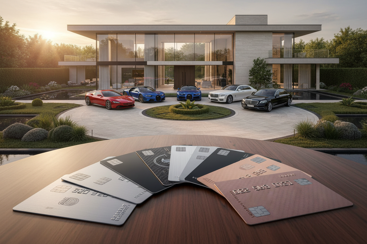 create an image that includes credit cards, luxury houses, cars  